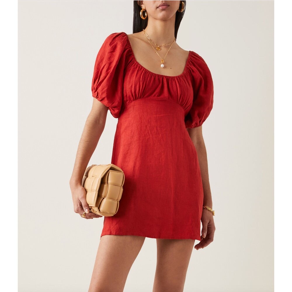 Posse Dove Linen Mini Dress in Red Size XS Puff Sleeves